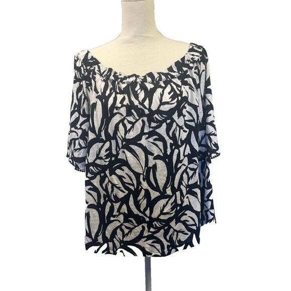 Chico's Linen Off-Shoulder Black & White Leaves Blouse Top Chicos Size 2 Large - Picture 1 of 8